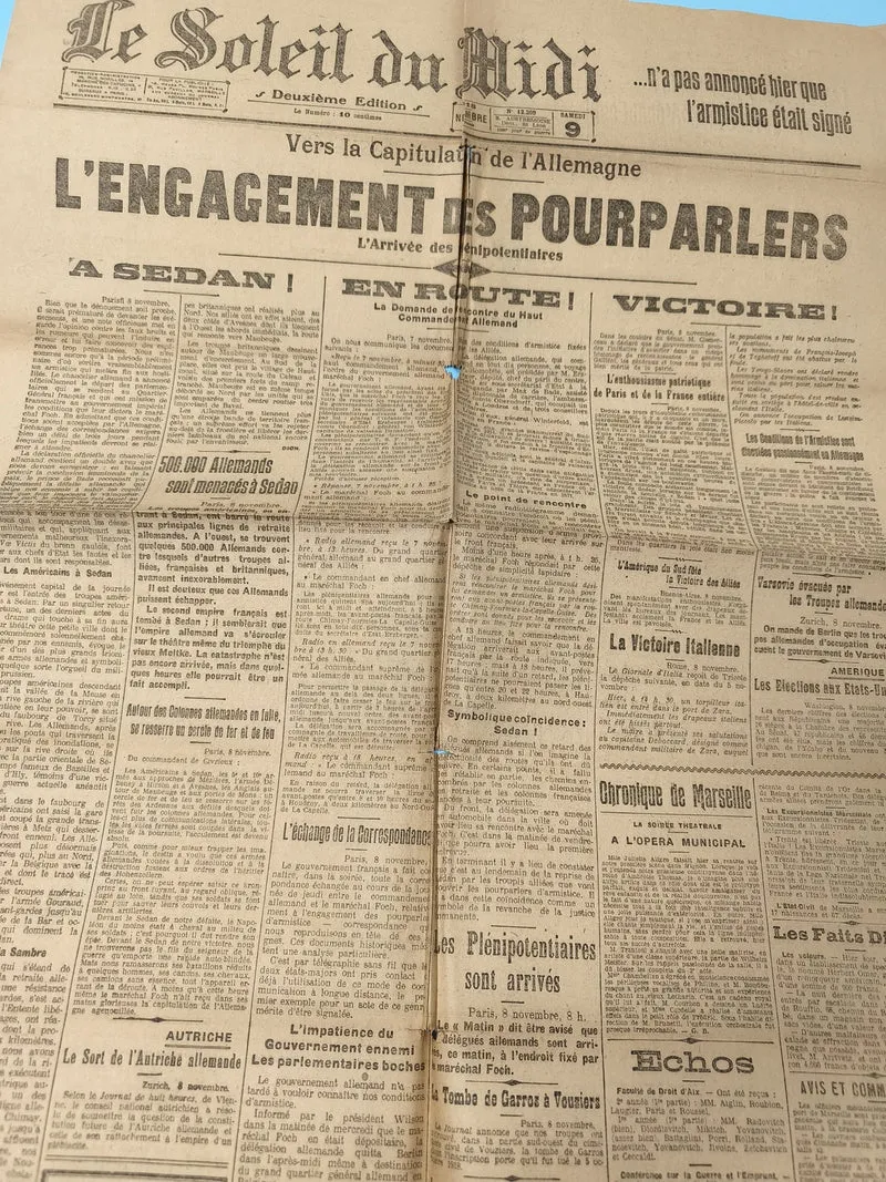 Ancien journal Le Soleil du Midi 1918 armistice Première Guerre mondiale
