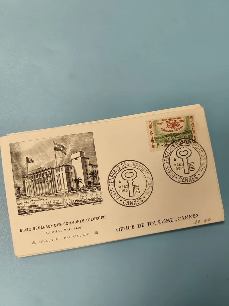Ancienne enveloppe philatélie Cannes 1960, cachet commémoratif, illustration bât