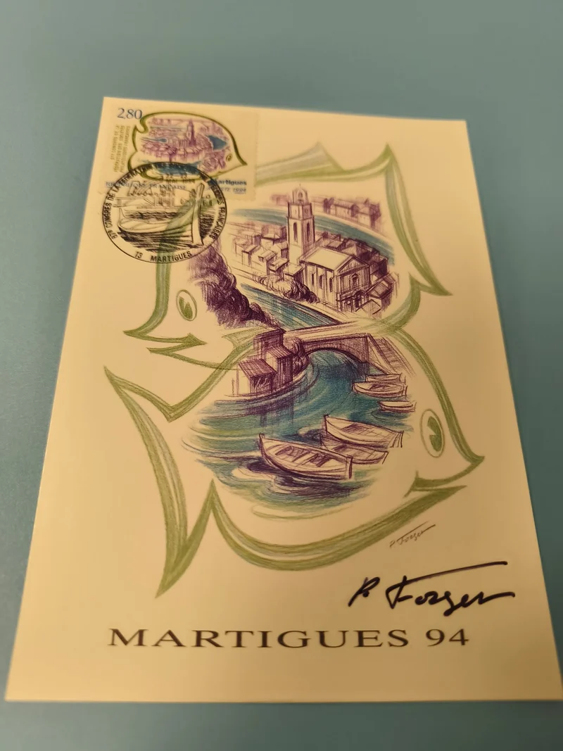 Carte postale philatélie Martigues 94, illustration bateaux et église, cachet 19