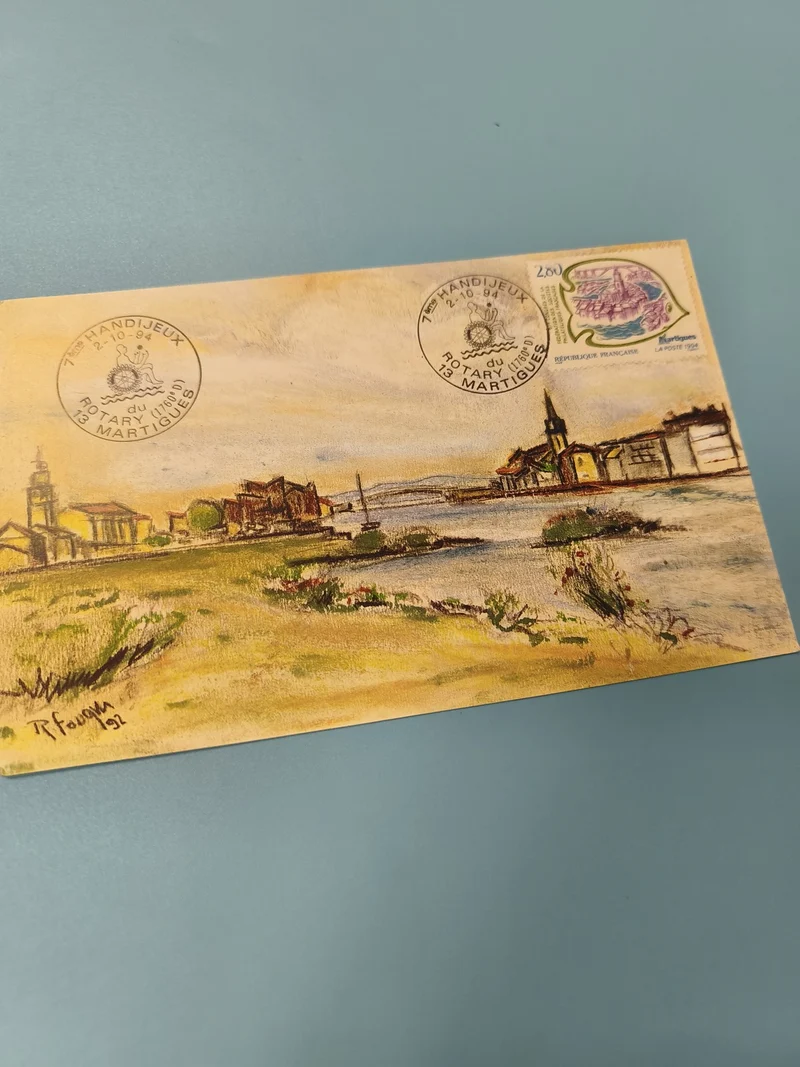 Carte postale philatélie Martigues affranchie 7e Handijeux illustration paysage