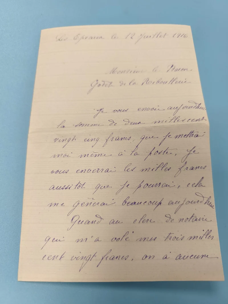 Ancienne lettre manuscrite 1916 encre violette, document authentique collection