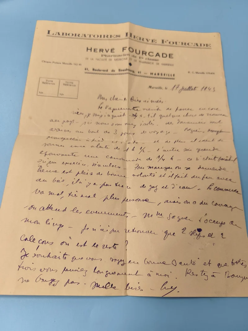 Ancienne lettre manuscrite 1943 Laboratoire Fourcade Marseille papier vintage