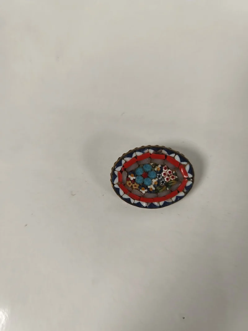 Ancienne broche ovale mosaïque fleurs multicolores vintage petit format