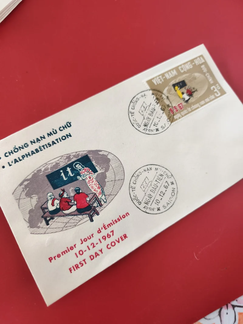 Ancienne FDC Vietnam 1967 alphabétisation, timbre 3?, cachet Saigon vintage