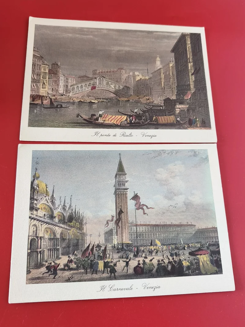 Lot 2 cartes anciennes Venezia ? Pont Rialto & Carnaval, illustrations couleur