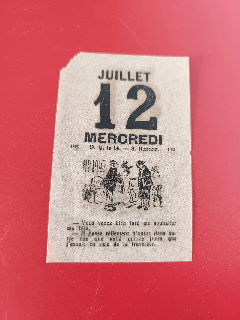 Ancien feuillet calendrier vintage 12 juillet mercredi ? illustration rétro
