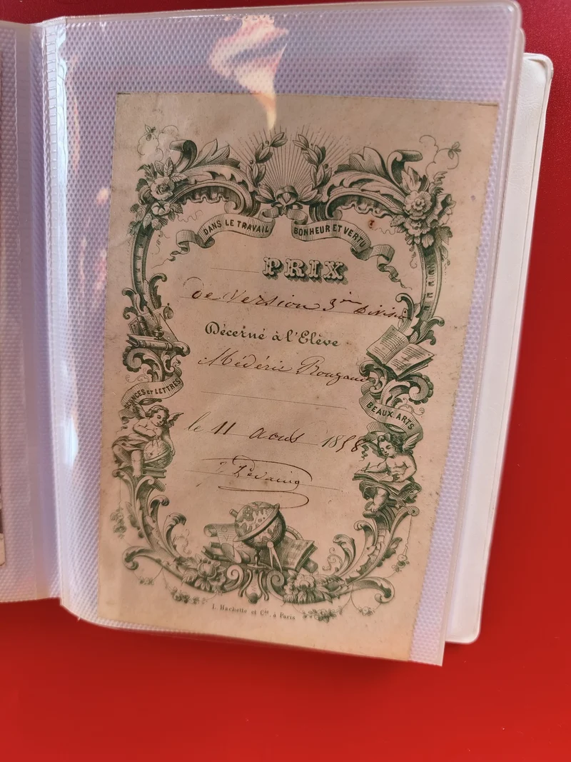 Ancien diplôme scolaire 1885 vintage, prix d?excellence bonheur et vertu, décor