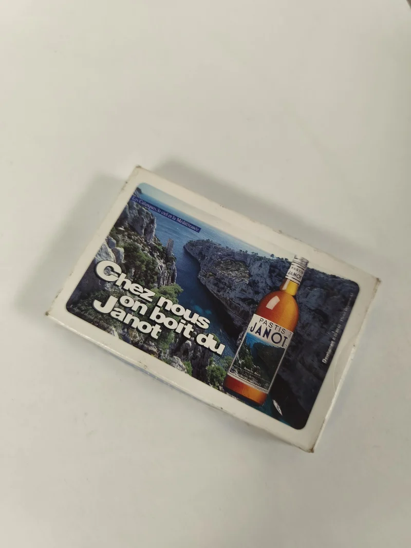 Ancien jeu de cartes publicitaire Pastis Janot, vintage, boîte illustrée