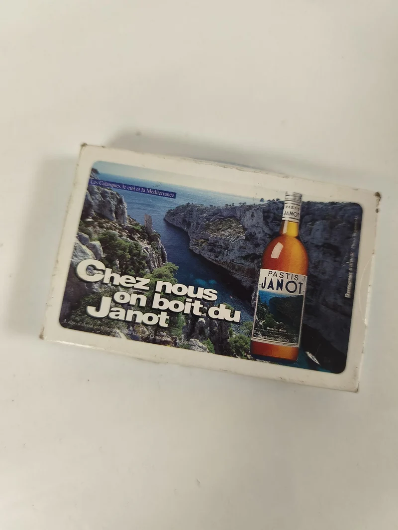 Ancien jeu de cartes publicitaire Pastis Janot, boîte illustrée Calanques