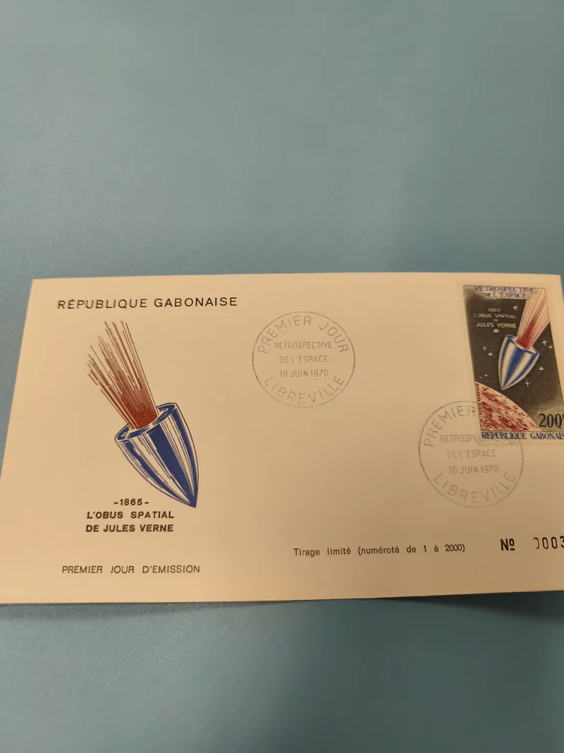 Enveloppe FDC Gabon 1970 timbre Jules Verne L'obus spatial, tirage limité