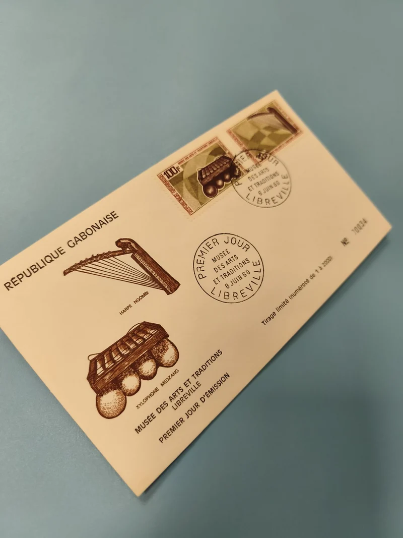 Enveloppe FDC timbre Gabon Musée Arts et Traditions 1989 instruments musique