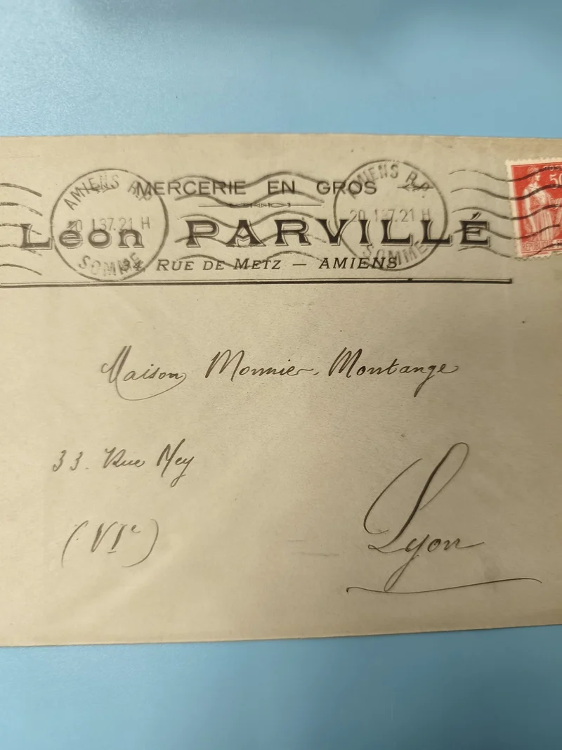 Ancienne enveloppe oblitérée 1921 Léon Parvillé Amiens Lyon philatélie vintage