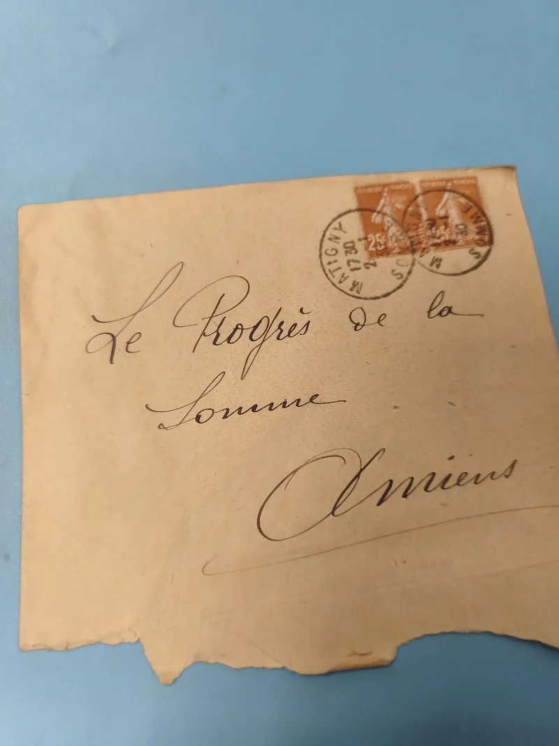 Ancienne enveloppe oblitérée début XXe, timbres orange, Somme Amiens philatélie