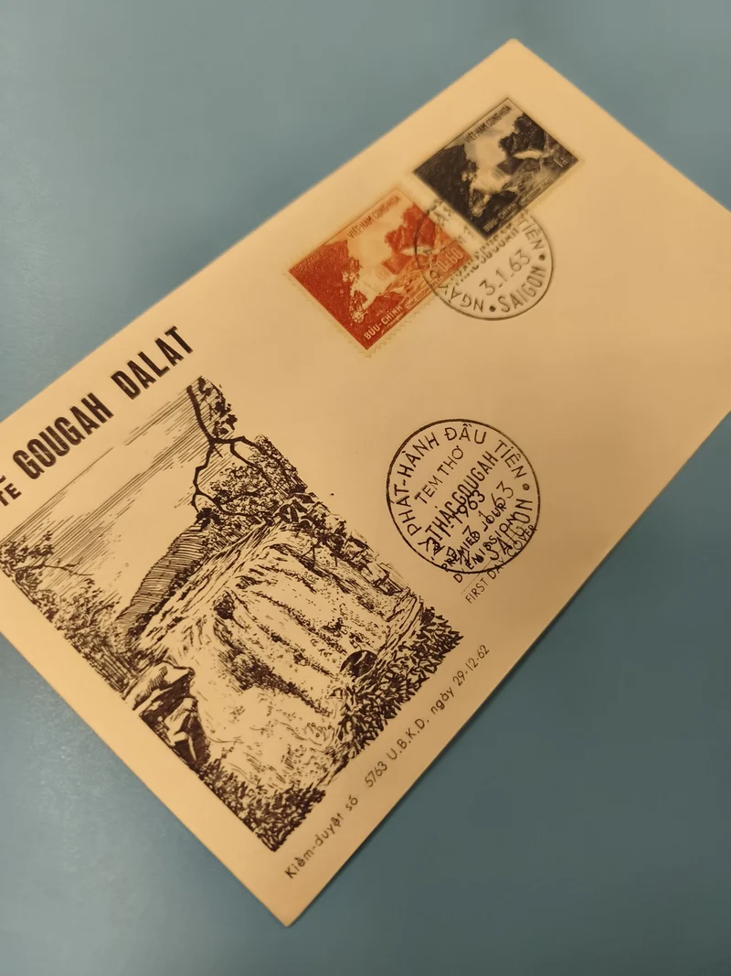 Ancienne enveloppe FDC Vietnam 1963 timbres Gougah Dalat illustrée collection