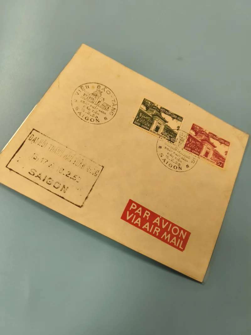 Ancienne enveloppe oblitérée Saigon 1959, timbres Vietnam, collection philatélie