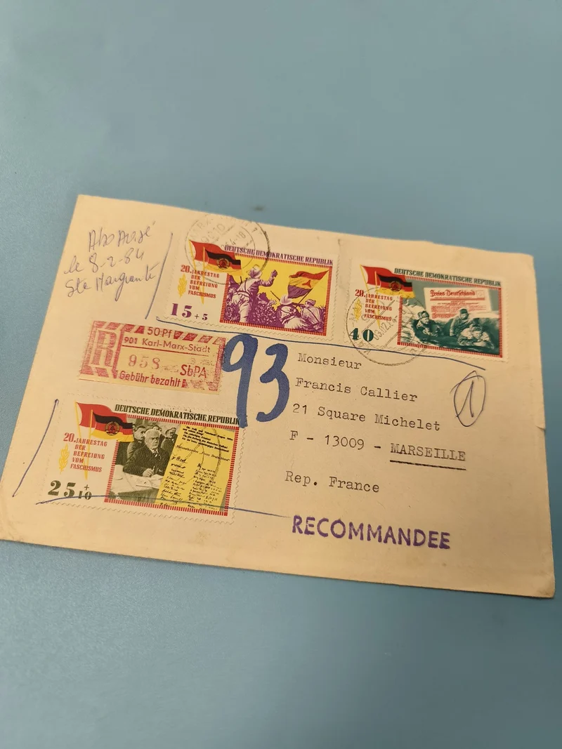 Ancienne enveloppe DDR recommandée timbres oblitérés 1954 collection philatélie