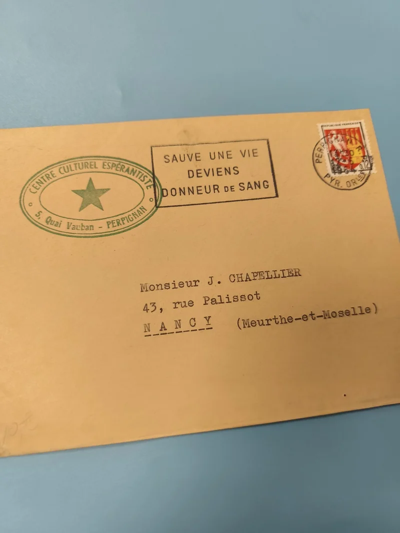 Ancienne enveloppe timbrée Perpignan oblitérée, philatélie, Centre Espérantiste