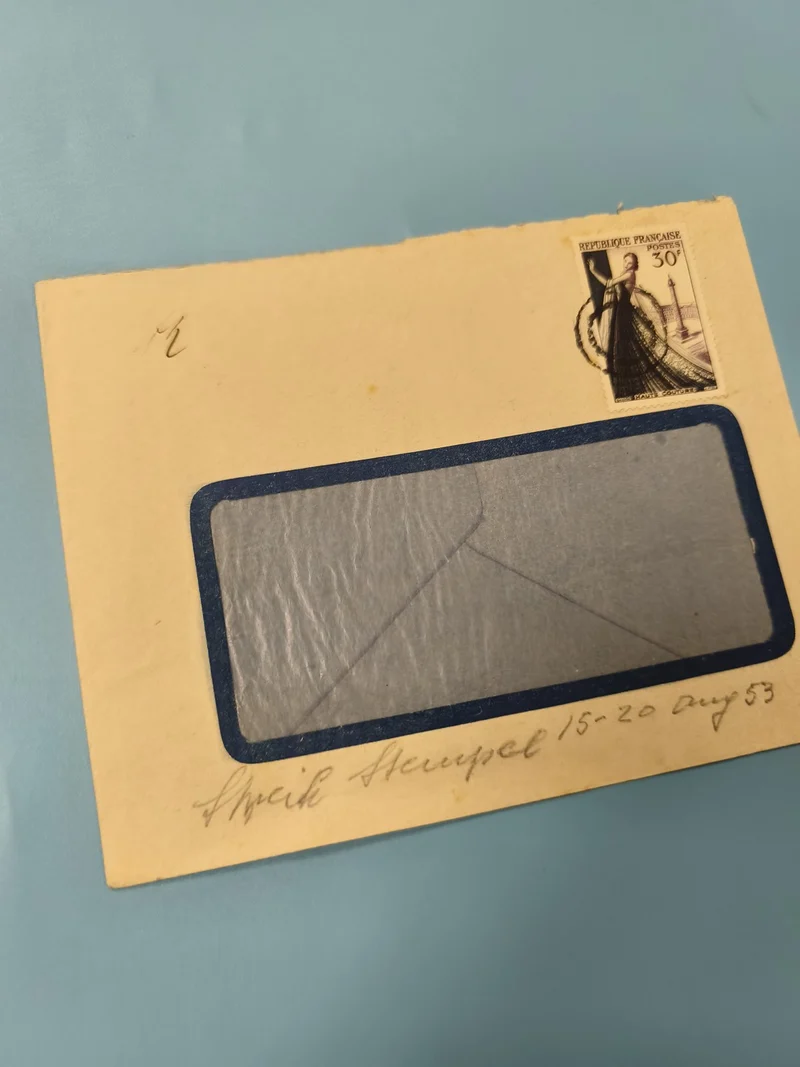 Ancienne enveloppe timbrée oblitérée France philatélie, fenêtre bleue, années 50