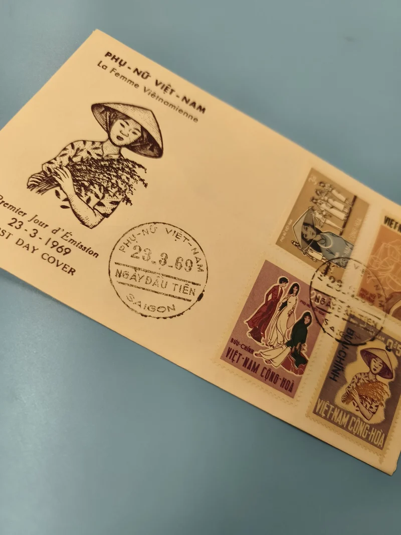 Ancienne enveloppe FDC Vietnam 1969 femme vietnamienne timbres illustrés Saigon
