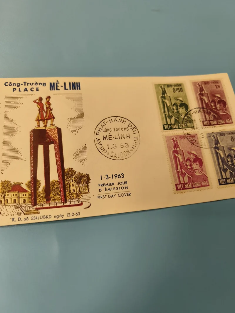 Ancienne enveloppe FDC Vietnam 1963 Place Me Linh timbres illustrés d?époque