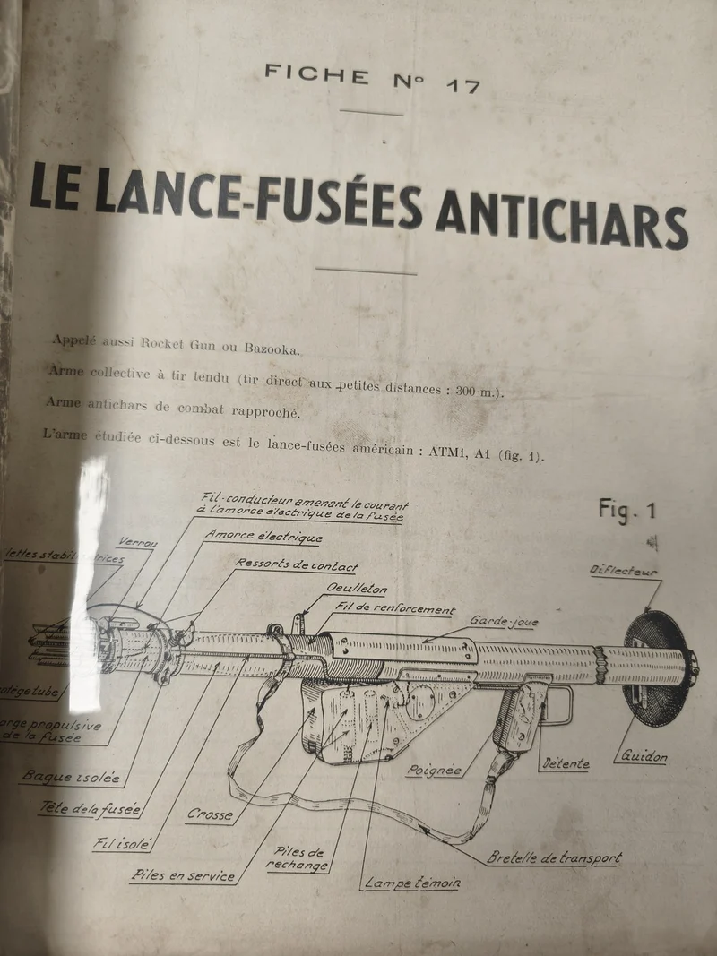 Ancienne fiche militaire lance-fusées antichars Bazooka plan illustré