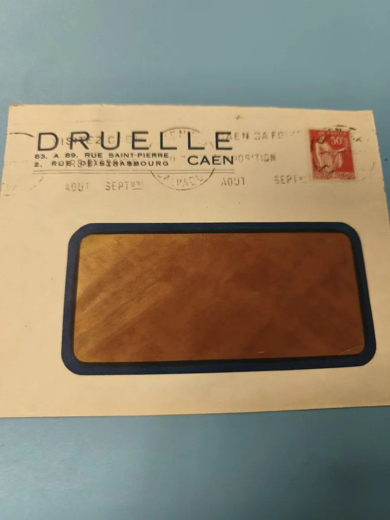 Ancienne enveloppe oblitérée début XXe vitrophanie rouge 50c Caen philatélie