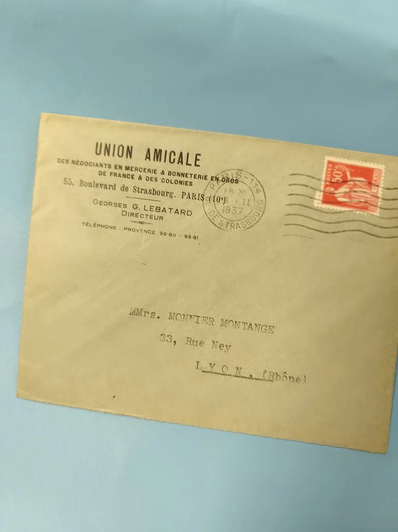 Ancienne enveloppe oblitérée 1937 Union Amicale Paris philatélie vintage