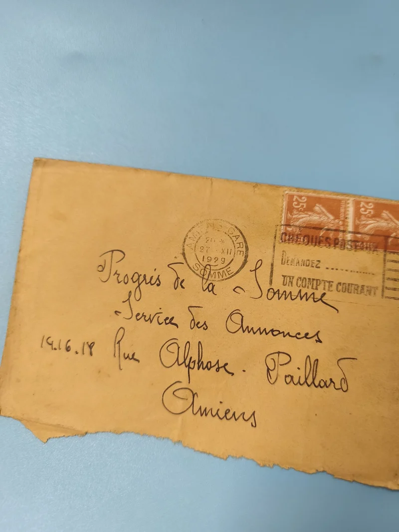 Ancienne enveloppe oblitérée 1929 philatélie Amiens rare timbres vintage