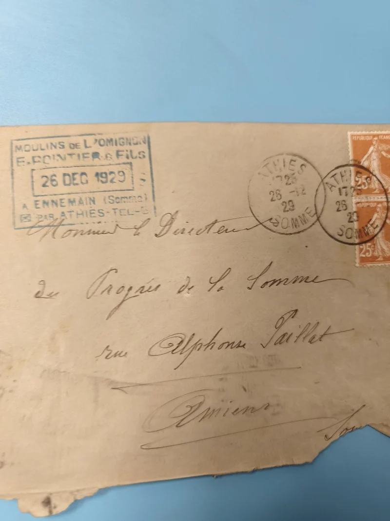 Ancienne enveloppe oblitérée 1929 philatélie Somme timbre 25c vintage