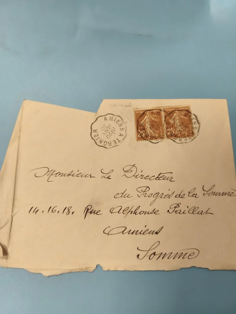 Ancienne enveloppe oblitérée début XXe, timbres Semeuse, Amiens philatélie