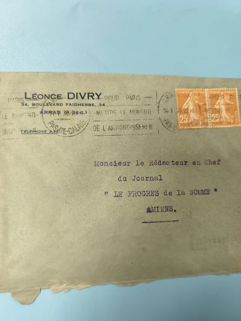 Ancienne enveloppe oblitérée début XXe philatélie Arras Amiens 2 timbres orange