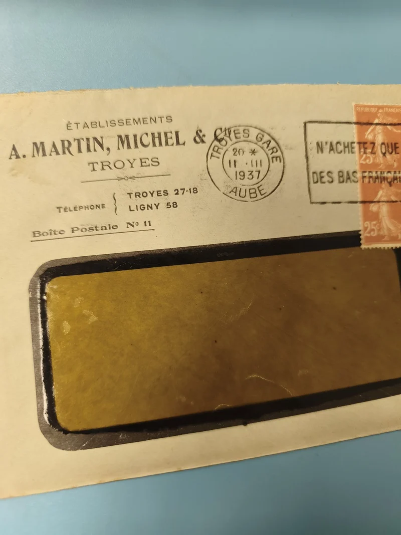 Ancienne enveloppe oblitérée 1937 Troyes philatélie fenêtre jaune vintage (Ref 6