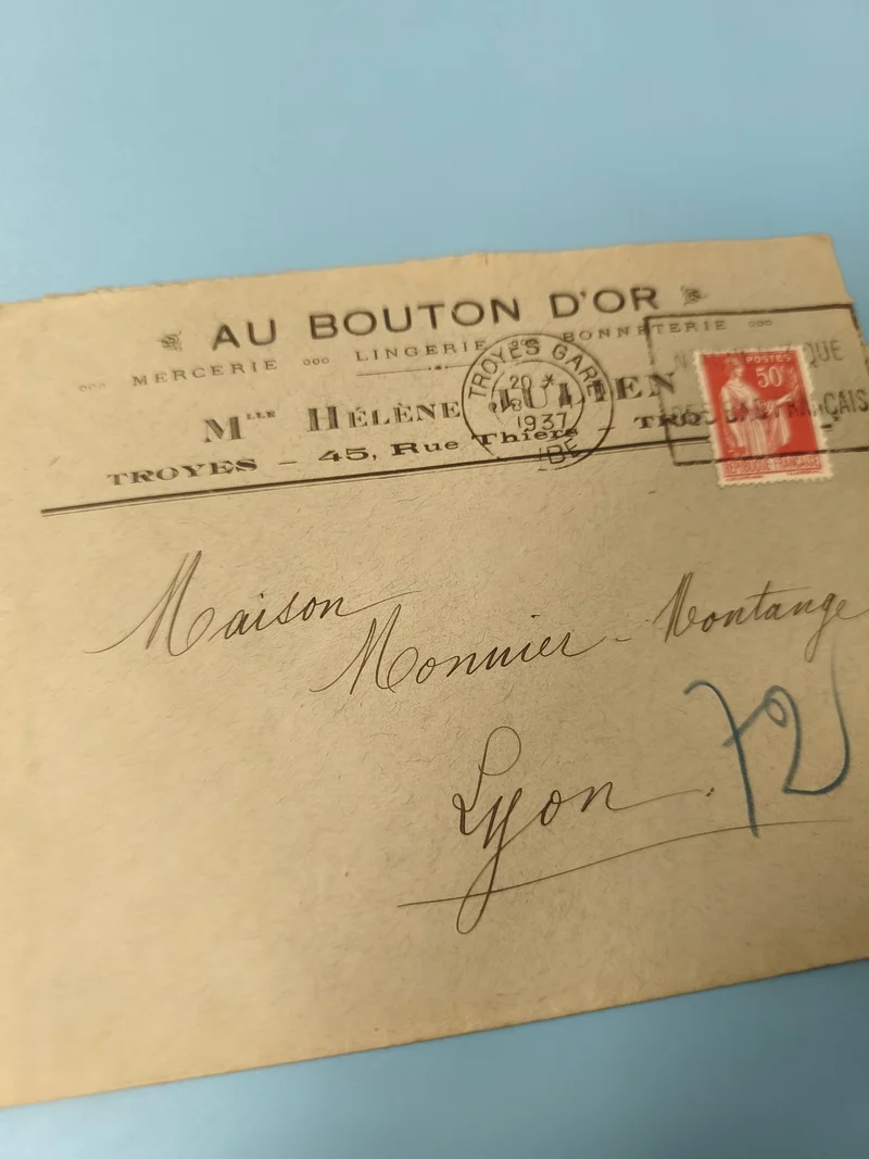 Ancienne enveloppe oblitérée 1937 philatélie vintage Troyes Lyon (Ref 6)