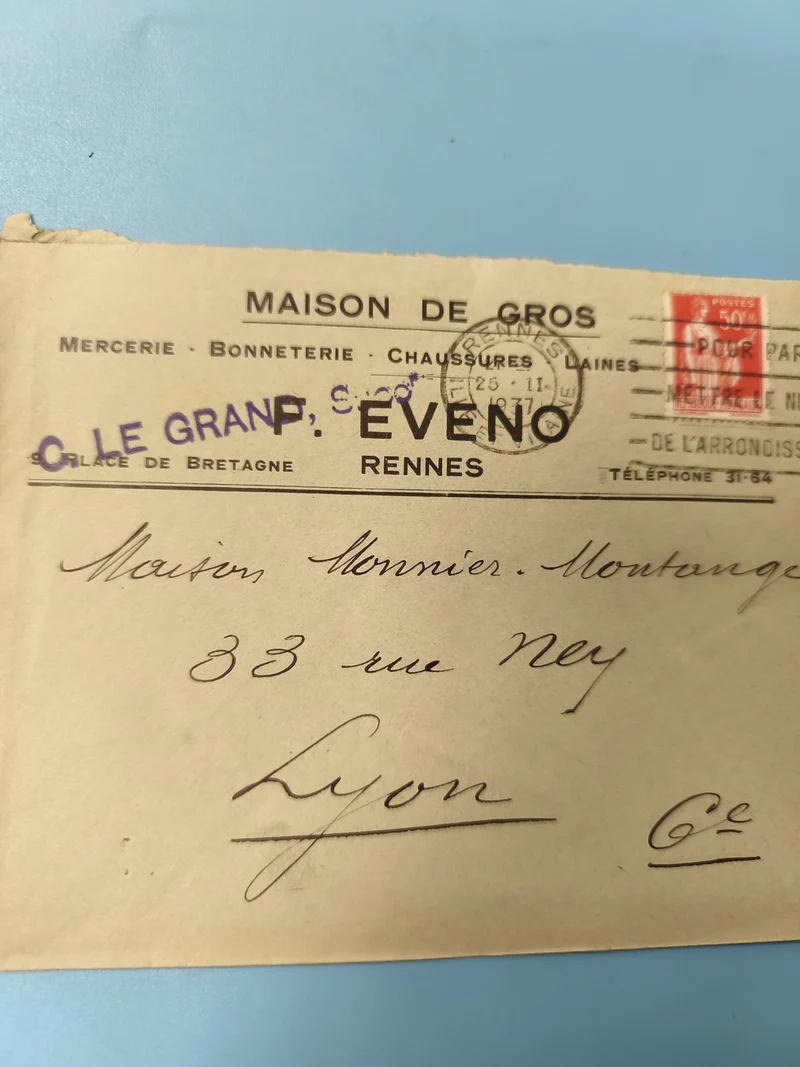 Ancienne enveloppe oblitérée début XXe Rennes Lyon philatélie vintage
