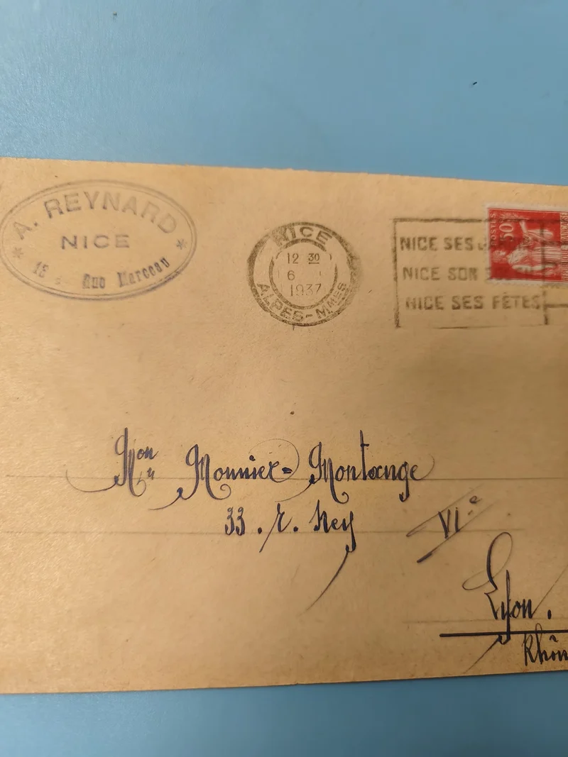 Ancienne enveloppe oblitérée Nice 1937 philatélie, timbre rouge, calligraphie