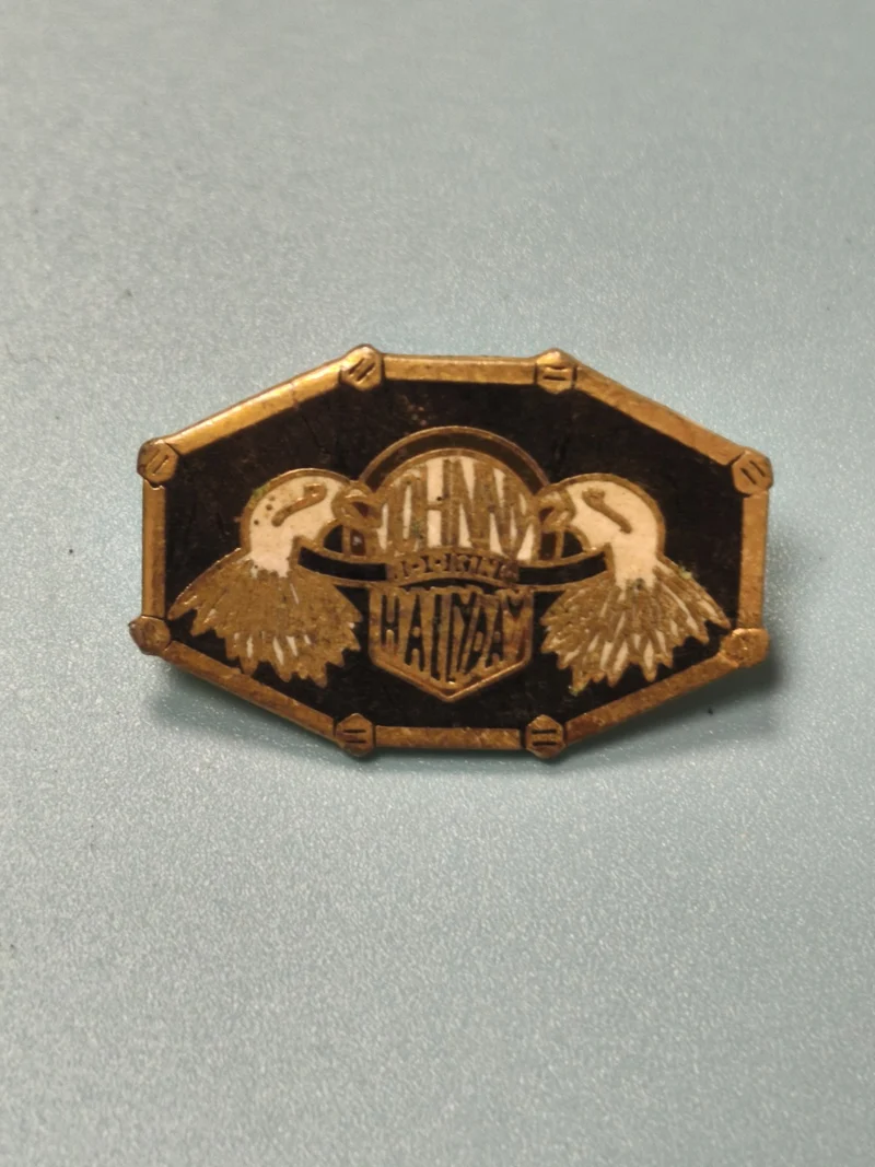 Vintage pin's Johnny Hallyday hexagonal noir et doré, emblème rock rare