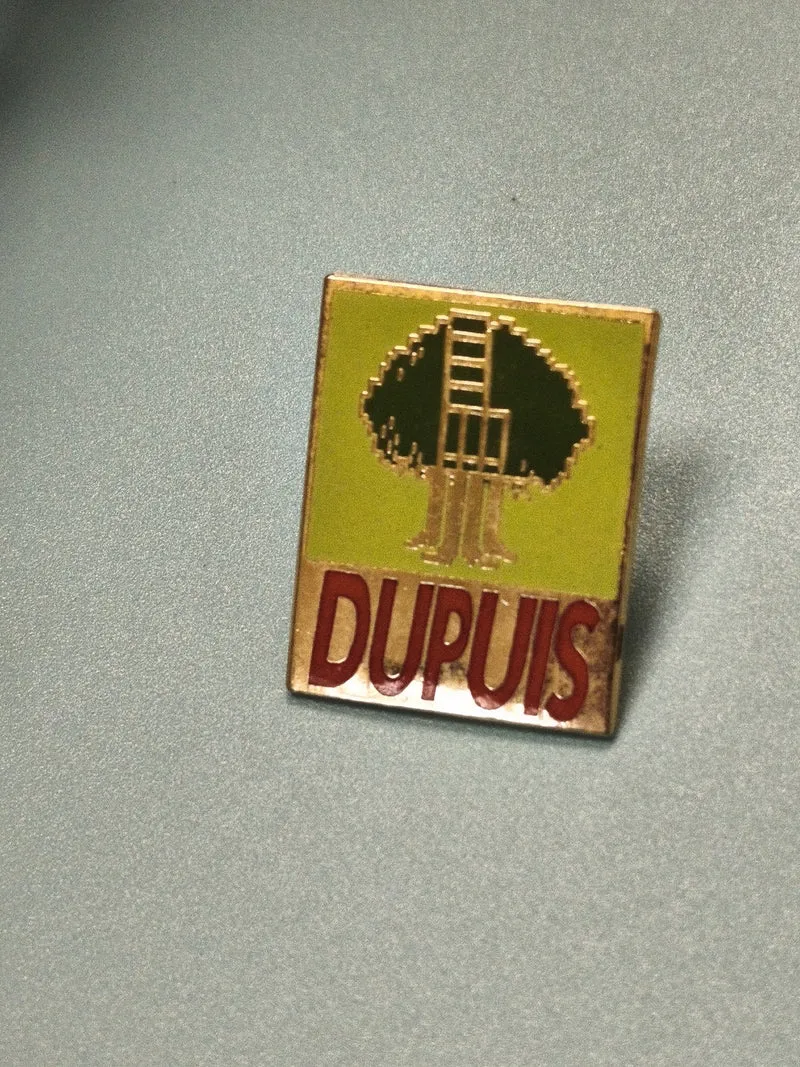 Pin's vintage Dupuis carré logo arbre échelle vert jaune collection années 80