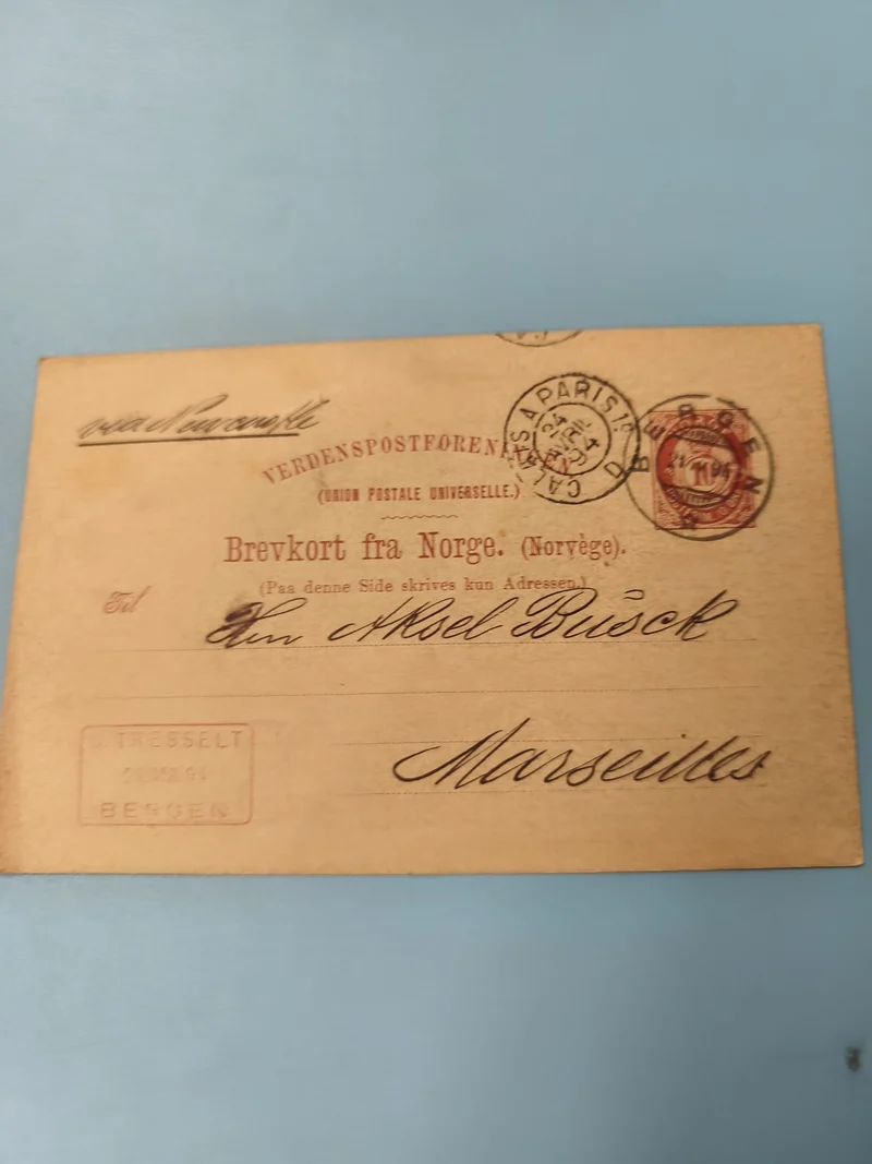 Ancienne enveloppe oblitérée XIXe Norvège Marseille philatélie vintage (Ref 9)
