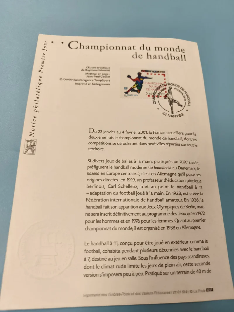 Ancienne enveloppe FDC Championnat du monde handball 2001 Nantes timbre sport