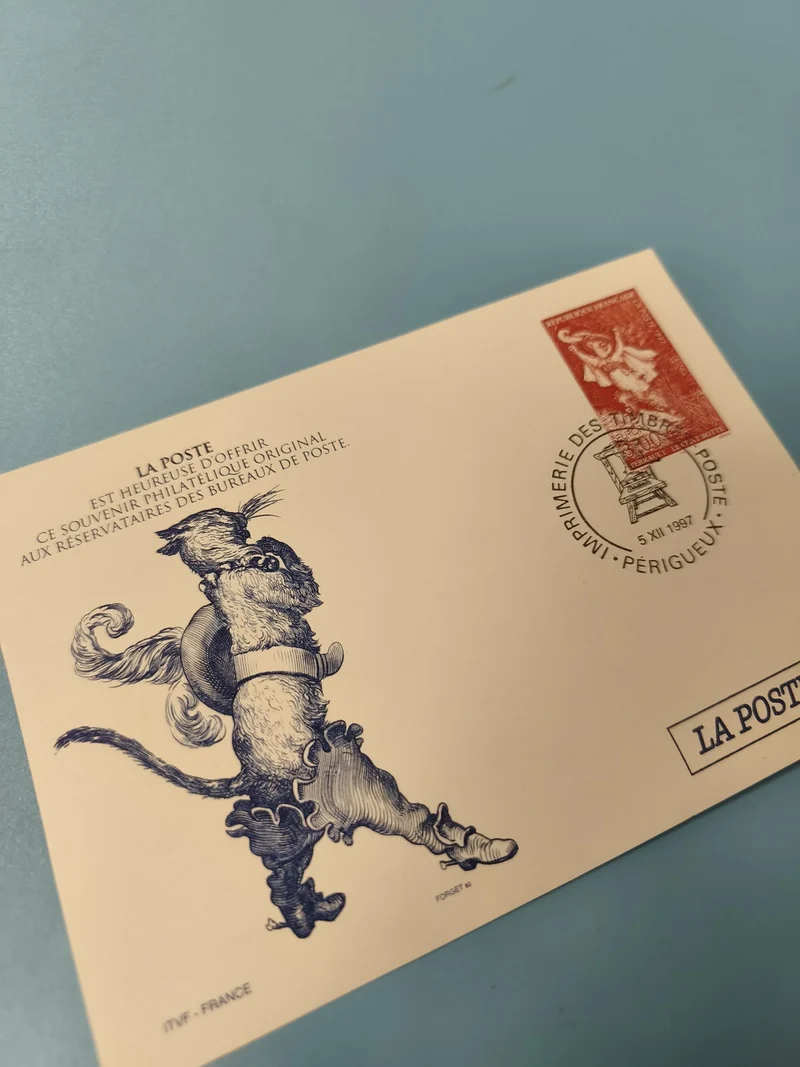 Ancienne enveloppe FDC premier jour La Poste chat botté illustration 1997