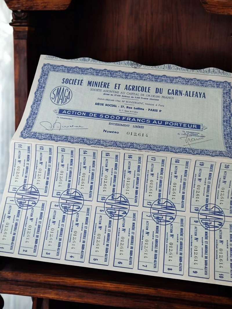 Action au porteur SMAGA 5000 francs années 1920 bleu vintage papier valeur