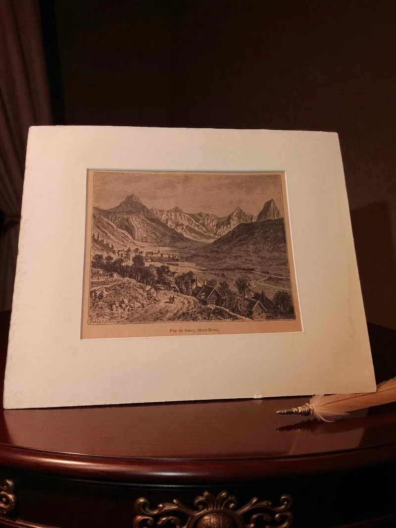 Gravure ancienne Puy de Sancy Mont-Dore vintage, paysage montagne rétro