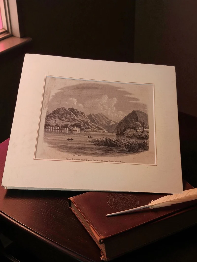 Gravure ancienne paysage Tegersee Bavière vintage décor rétro XIXe