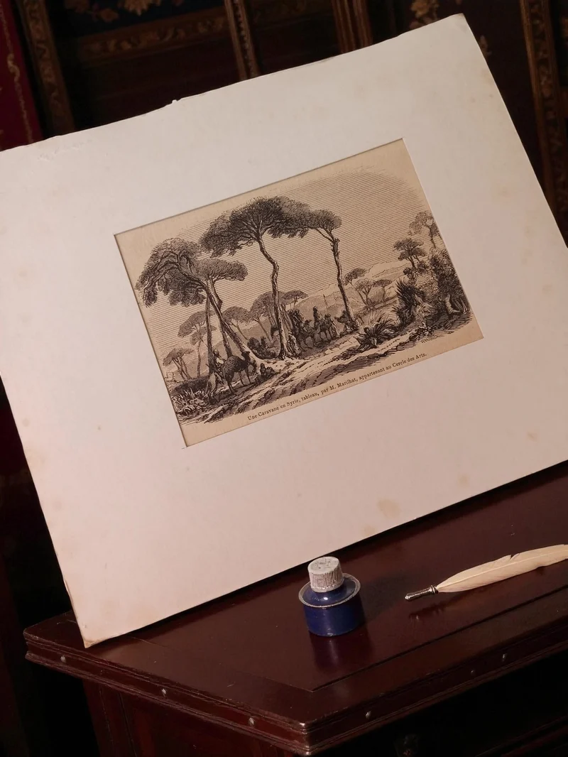 Gravure ancienne paysage Syrie, caravane, vintage décor rétro France