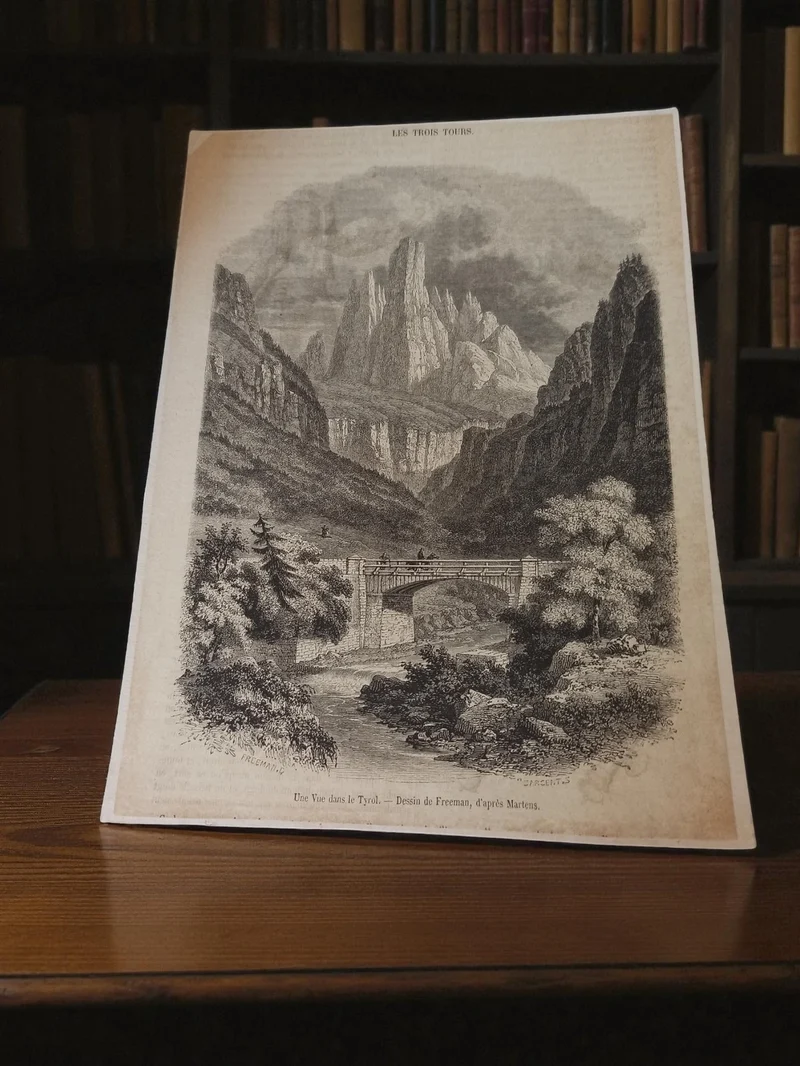 Petite gravure ancienne paysage montagne, illustration XIXe, déco rétro Tyrol