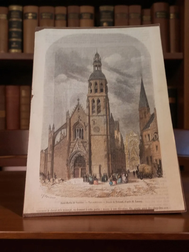 Gravure ancienne église Saint-Martin Vendôme, art rétro décor vintage