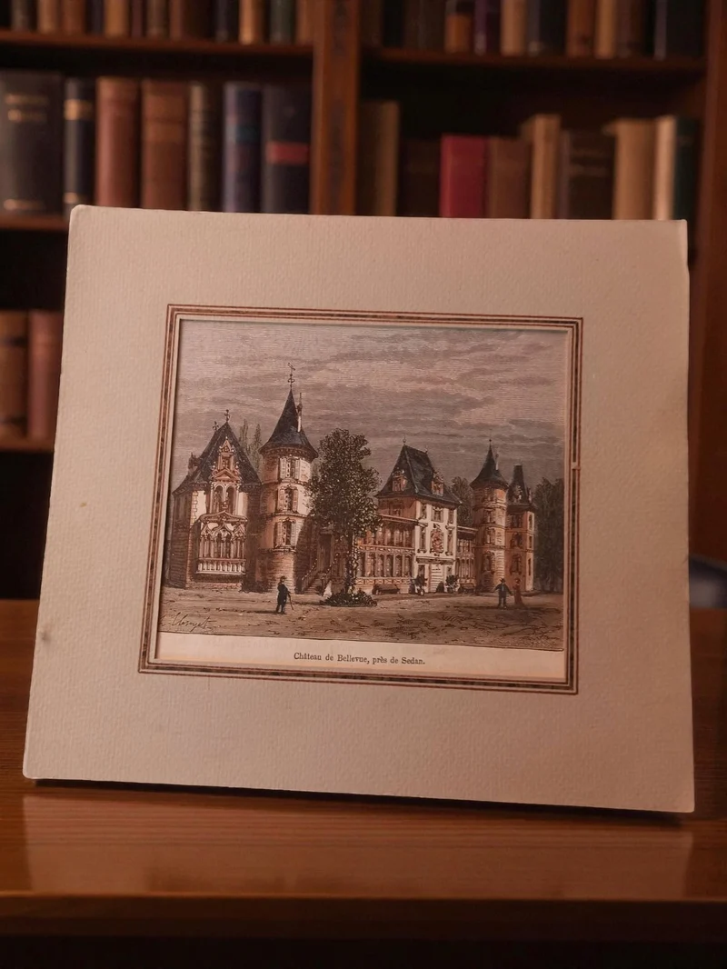 Gravure ancienne Château de Bellevue Sedan, petit format vintage rétro déco