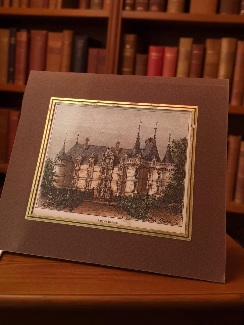 Gravure ancienne Azay-le-Rideau, art vintage château, encadrement rétro déco