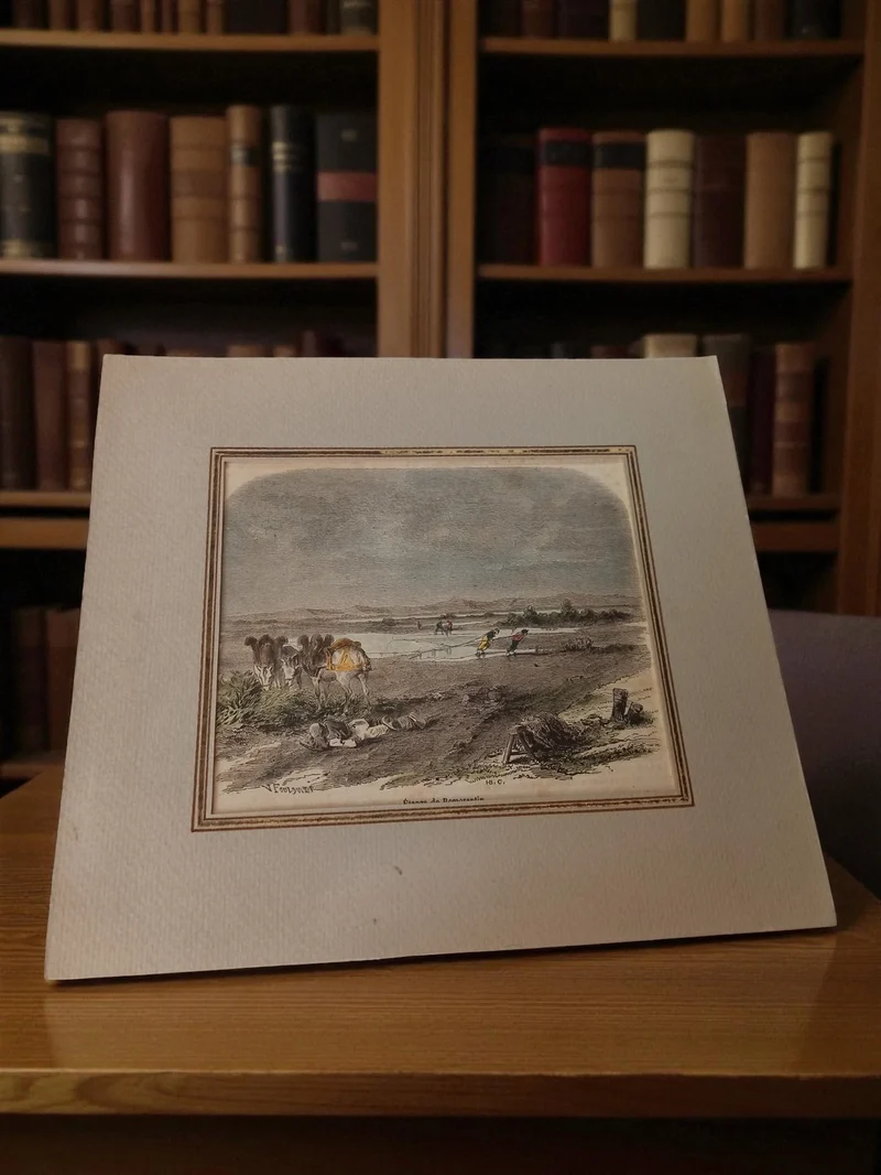 Gravure ancienne paysage rural encadrée vintage décor rétro authentique