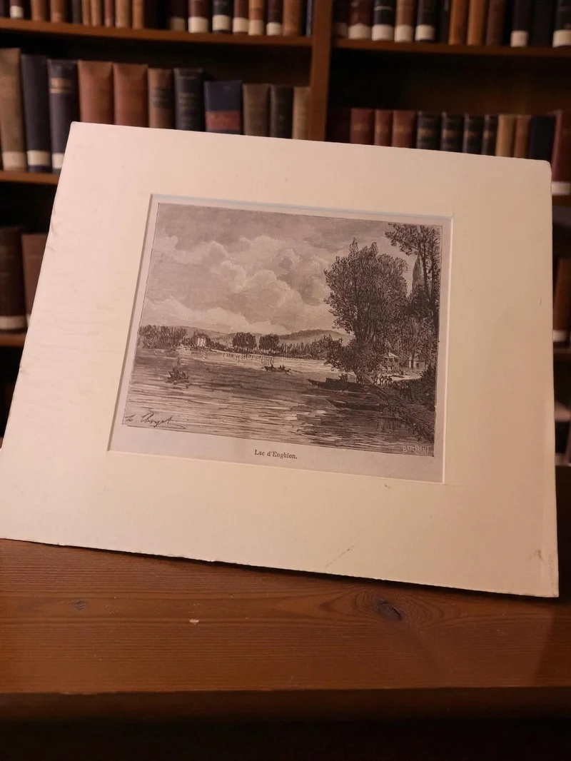 Petite gravure ancienne vintage décor rétro paysage lac d?Enghien encadrée